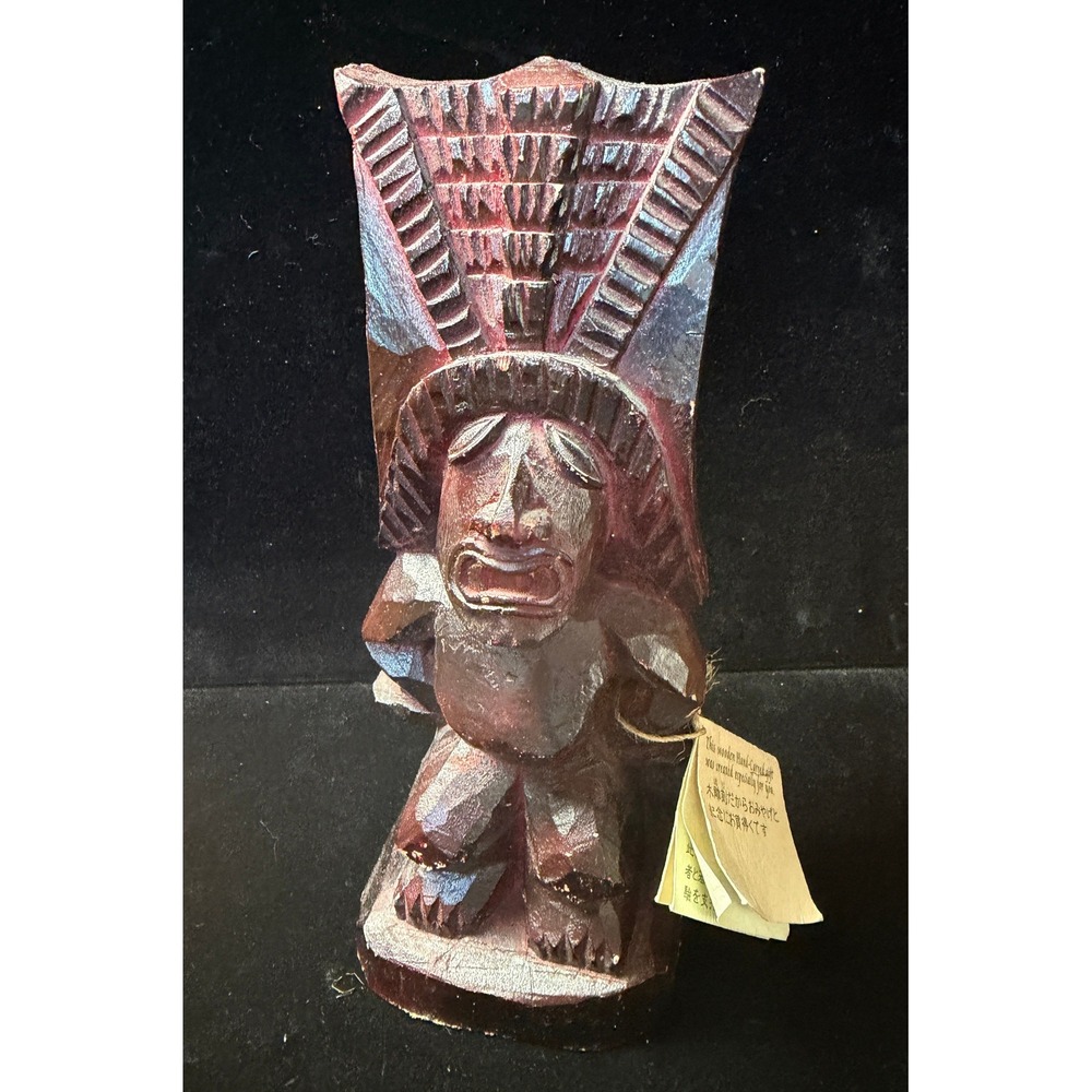 Vintage Hand Carved Wooden Wisdom Tiki Idol Statue Polynesian Decor with Tag